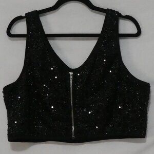 Unbranded | P2P 19 inches measured | Lined Black Sequin Zip-Up Front Crop Top